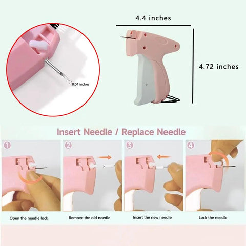 No Sweat Heavy Duty Handheld Sewing Gun Quick Clothing Repair Tool Featuring Pink Grip and fastener kit with detailed needle replacement guide.