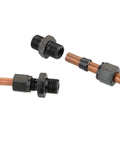 Solid Heavy Duty Hydraulic Carbon Steel Straight Pipe Joint With Metric Thread Connections M10 Thru M22 Size For Caliber 6 Up To 16mm Push On Install That Works Hella Well On Your Machinery And Keeps Things Locked Down Securely For Hard Use, shown with copper tube fittings