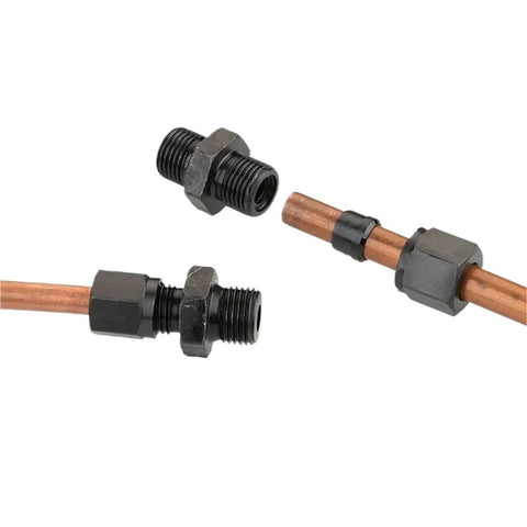 Solid Heavy Duty Hydraulic Carbon Steel Straight Pipe Joint With Metric Thread Connections M10 Thru M22 Size For Caliber 6 Up To 16mm Push On Install That Works Hella Well On Your Machinery And Keeps Things Locked Down Securely For Hard Use, shown with copper tube fittings