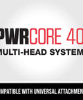 PWRCORE 40 multi-head system logo with compatibility for universal attachments displayed on a light background.