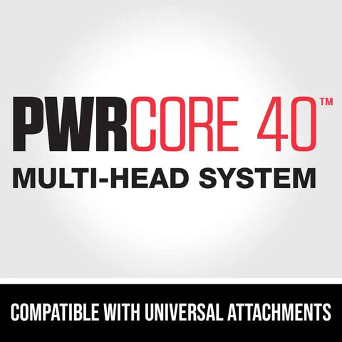 PWRCORE 40 multi-head system logo with compatibility for universal attachments displayed on a light background.