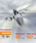 128GB Micro SD Card 2 Pack A1 V30 4K Video Ready Memory Card showing speeds with jet image