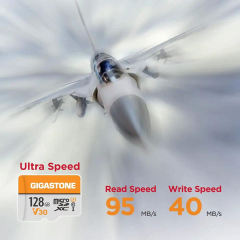 128GB Micro SD Card 2 Pack A1 V30 4K Video Ready Memory Card showing speeds with jet image