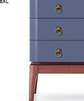 Blue dresser with 4 Pack Solid Antique Brass Cabinet Ring Pulls Set For Drawers And Cabinets installed on drawer fronts, side view