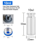 Front view of 10ml clear glass headspace vial with flip-off aluminum cap and blue rubber stopper; 10-pack.