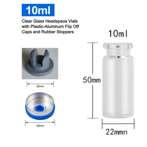 Front view of 10ml clear glass headspace vial with flip-off aluminum cap and blue rubber stopper; 10-pack.