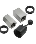 Beefy 5C Collet Block For Lathes And Mill Machines Featuring Hex Square Mount Accepting 1/16 To 1 1/8 Inch Bars Forged From Tough Alloy Steel With Secure Collet Closer For No Nonsense Daily Shop Tasks showing a heavy-duty collet set with two steel blocks and a black collet closer.