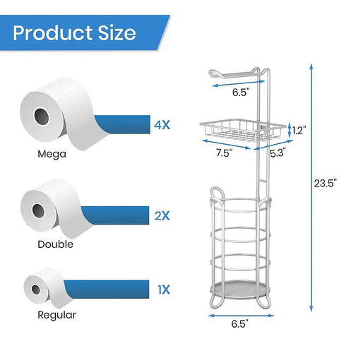 Dimensions of Free Standing Toilet Paper Holder With Middle Shelf Gray Mega Roll Ready No Bending Grip Bathroom Organizer