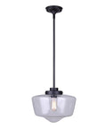 Black Finish Pendant Light With Clear Glass Shade 1 Light Fixture Includes 60W Bulb Easy Connect Installation, hanging view.