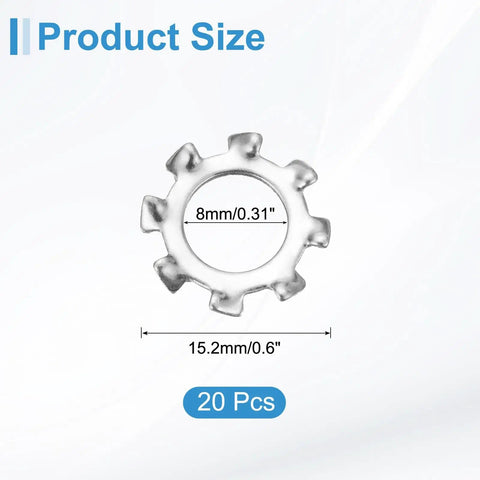 Five Sixteenth Inch External Tooth Lock Washer Set Twenty Pieces 304 Stainless Steel size diagram