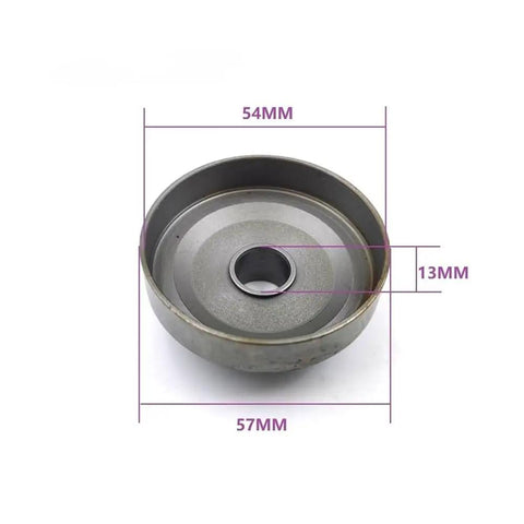 Thinking Process: 3/8 inch steel sprocket clutch drum with needle bearing, 54mm top, 57mm base, 13mm center bore