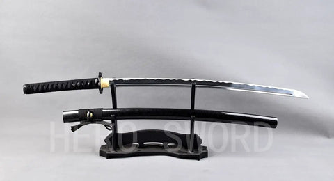 Practice Katana Sword With Full Tang Aluminum Steel Blade Blunt Edge For Safe Iaido Training Japanese Samurai Bushido Style 40 Inch Overall Length Trainer Grade displayed on stand.