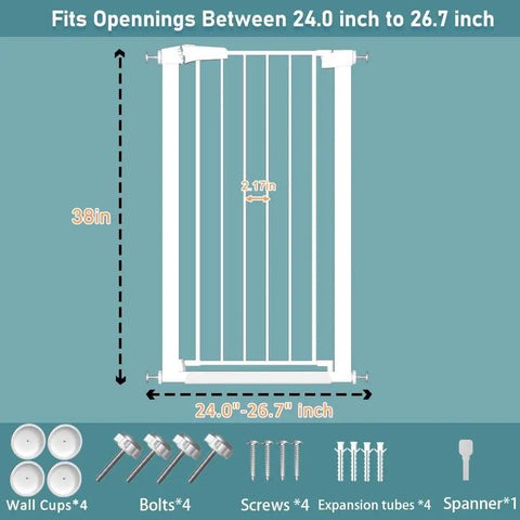 Extra Tall Baby Gate Stand 38 Inch Tall Adjustable Wide 25.59 To 84.64 Inch Metal Walk Through Gate For Doorways And Stairs No Drill Pressure Mounted Safety Gate For Pets And Kids Easy Setup And Secure Locking with included accessories.