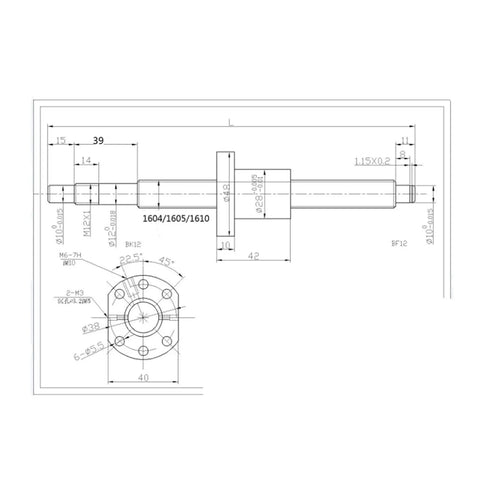 Technical drawing of Heavy Duty Ball Screw Nut End Machining For CNC Machines RM1605 SFU1605 Roller Screw End 250mm To 1500mm