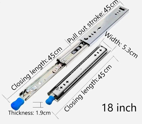Heavy Duty Lockable Drawer Slides Full Extension Ball Bearing Zinc Coated Rails Rust Proof Glide Smoother Than Butter, 18 inch dimensions.