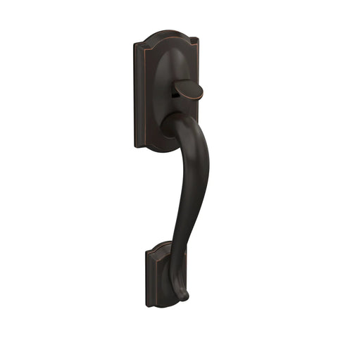 Camelot Trim Front Entry Handleset With Birmingham Lever In Aged Bronze Finish For Exterior Doors, Lower Half Kit, Adjustable Through Bolt