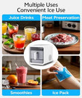 Compact Countertop Nugget Ice Maker Slaps Out Fresh Ice In Ten Minutes With Zero Sweat Self Cleaning System And Slick Storage Basket built for juice drinks and smoothie preparation.