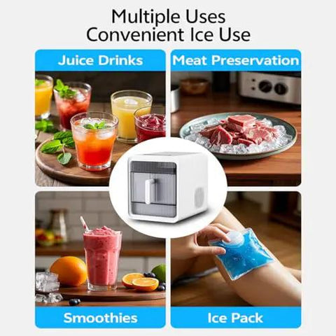 Compact Countertop Nugget Ice Maker Slaps Out Fresh Ice In Ten Minutes With Zero Sweat Self Cleaning System And Slick Storage Basket built for juice drinks and smoothie preparation.