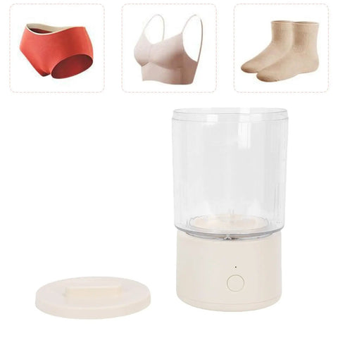 Portable Mini Washing Machine 1.6L Rechargeable Cordless Foldable Design No Hassle Storage For College Dorms And Travelers Fits Neatly In Suitcases with lid and clear tank.