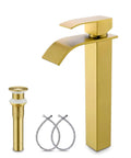 Gold Vessel Sink Faucet Brushed Gold Tall Bathroom Vanity Faucet With Waterfall Flow 304 Stainless Steel Single Handle display