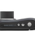 Top view of FZ45 Digital Camera With 16MP Sensor, 4X Optical Zoom, 27MM Wide Angle, showing control buttons, compact black design.