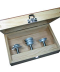 Heavy Duty Three Piece Joinery Router Bit Set With Rock Solid Steel Carbide Tips stored in a wooden box, featuring three silver bits.
