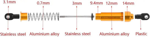 Diagram of Aluminum Big Bore Shocks 85mm for 1/10 RC Crawler with labeled components, materials, and sizes.
