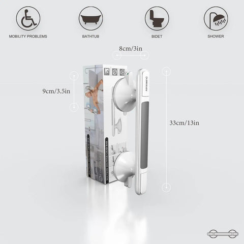 12 Inch Shower Handles For Elderly Suction Grab Bars No Drill Waterproof With Indicators shown with packaging and measurements