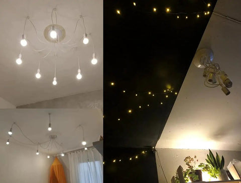 Six Head Spider Pendant Light Fixture With Adjustable Hanging Length in rooms with black and white ceilings, lit bulbs