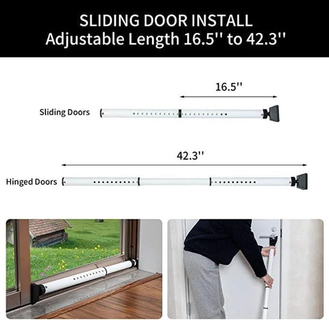 Image showing 2 In 1 Door Security Bar For Hinged And Sliding Doors Adjustable Heavy Duty Jammer, extends 16.5 to 42.3 inches, installed.