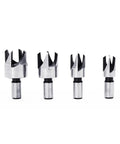 Four wood plug cutter drill bits from the Kickass Eight Piece Wood Plug Cutter Drill Bit Set, carbon steel, various sizes.
