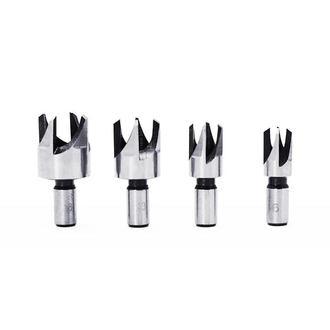 Four wood plug cutter drill bits from the Kickass Eight Piece Wood Plug Cutter Drill Bit Set, carbon steel, various sizes.