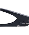 Side view of a handheld single hole punch for up to 10 sheets, heavy duty metal punching tool with paper stopper, ideal for biz cards, plastics and paper.