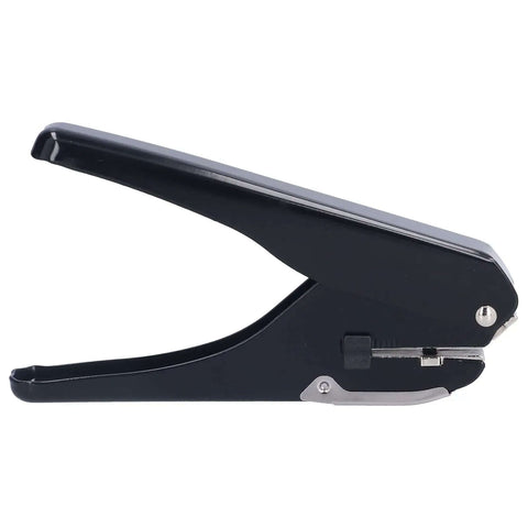Side view of a handheld single hole punch for up to 10 sheets, heavy duty metal punching tool with paper stopper, ideal for biz cards, plastics and paper.