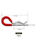 Beefy Ten Pack Heavy Duty Hitch Pins R Clips with rubber coated grips, 60mm long, 3mm wire diameter, shown with dimensions.