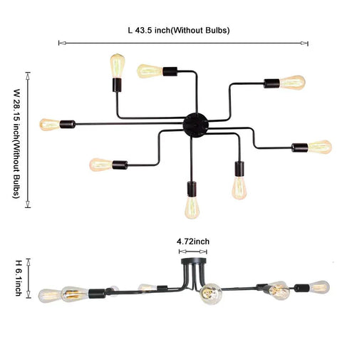 Black Sputnik Ceiling Light Fixture With Eight Adjustable Arms Industrial Semi Flush Mount Chandelier dimensions diagram
