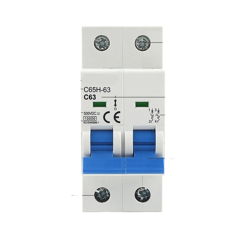 Heavy Duty 2P DC MCB Circuit Breaker 6KA 500V Battery Main Switch, white and blue flame-resistant housing.