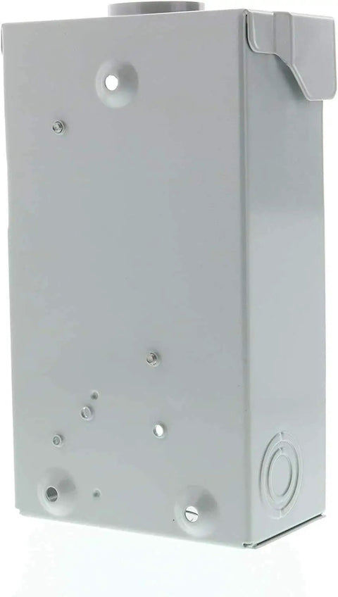 Back angle view of 2P 60A 240V General Duty Outdoor Fusible Safety Switch With Visible Blade Double Break Action, in a gray rugged case.