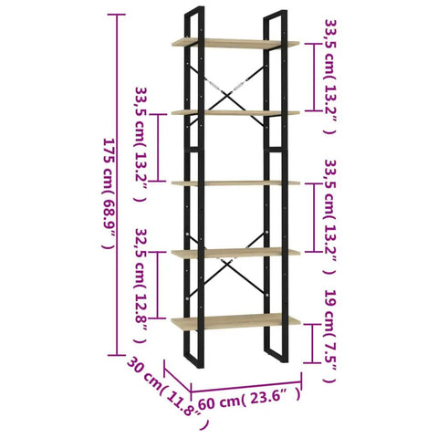Five Shelf Bookcase In Sonoma Oak With Sturdy Metal Frame, Engineered Wood Library Shelf Unit, 68.9" Tall, Detailed Dimensions