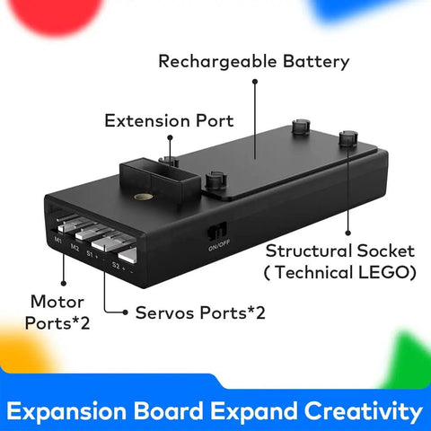CyberPi Project Based Kit For Kids Ages 8 To 12 With Scratch And Python Coding Support A Fun STEM Programmable Robot With IoT Tech And Built In WiFi Module For Hands On Learning And Real World Projects. Black expansion board with battery, extension port, motor ports, servo ports, and structural socket