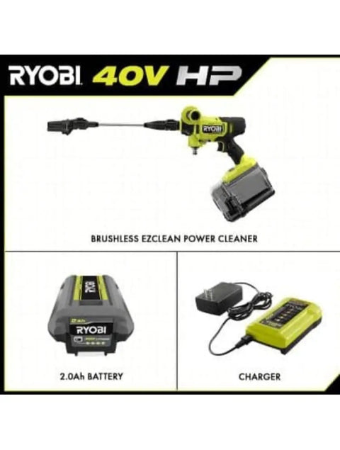 Cordless 600 PSI Pressure Washer With 0.7 GPM, 40V Battery, 2.0 Ah, And Charger shown with accessories for cleaning.