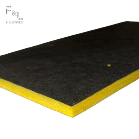 Pro Level R6 Fiberglass Acoustic Insulation Boards For Drywall And Ceilings One Point Five Inch Thick By Twenty Four By Forty Eight Inch Quick Lay Batt side view showing black and yellow layers.