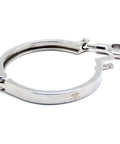 Front view of a 4-inch stainless steel tri-clamp with wing nut and single pin.