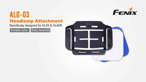 ALG-03 Headlamp Helmet Mount With EdisonBright Battery Case for HL55 and HL60R shown, durable nylon, easy assembly.