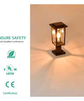 Outdoor Post Light 2 Pack Exterior Pole Lanterns With E26 Base Waterproof Matte Black Finish For Patio And Garden Weather Resistant Aluminum Lamp Posts Bulb Not Included shown illuminated with certifications.