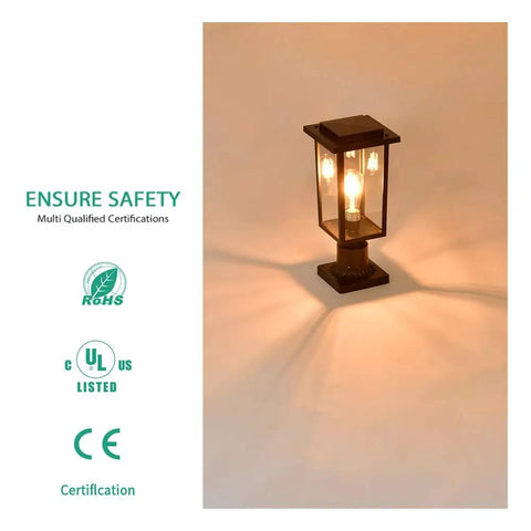 Outdoor Post Light 2 Pack Exterior Pole Lanterns With E26 Base Waterproof Matte Black Finish For Patio And Garden Weather Resistant Aluminum Lamp Posts Bulb Not Included shown illuminated with certifications.