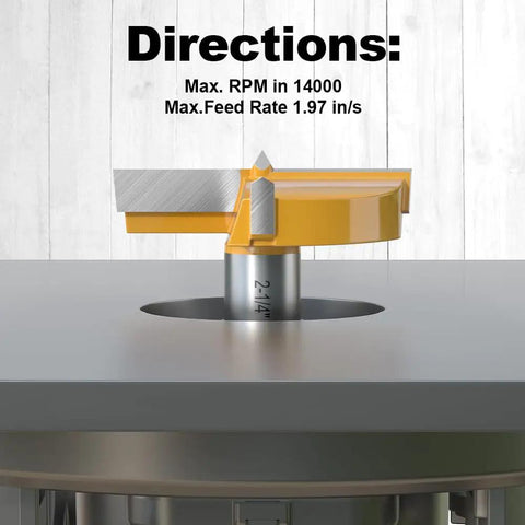 Top Shelf Forstner Drill Bit With 1/2 Inch Shank And 2-1/4 Inch Cutting Diameter shown on a work surface with RPM and feed rate text.
