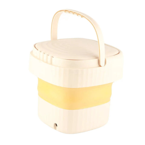 Hella Compact Foldable Mini Washing Machine 6 Liter Portable Washer in yellow and white with handle, ideal for baby clothes and dorms.