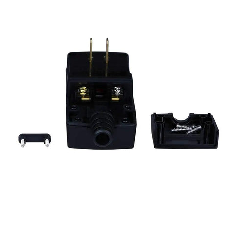 Replacement Plug Assembly With 2 Prong Wires 15 Amp Waterproof Electrical End components displayed including screws and casing.