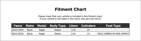 Fitment chart for Top Tier Drive Motor Battery Pack Cooling Fan Assembly For Buick Regal 2012 Through 2016 showing eligible models.